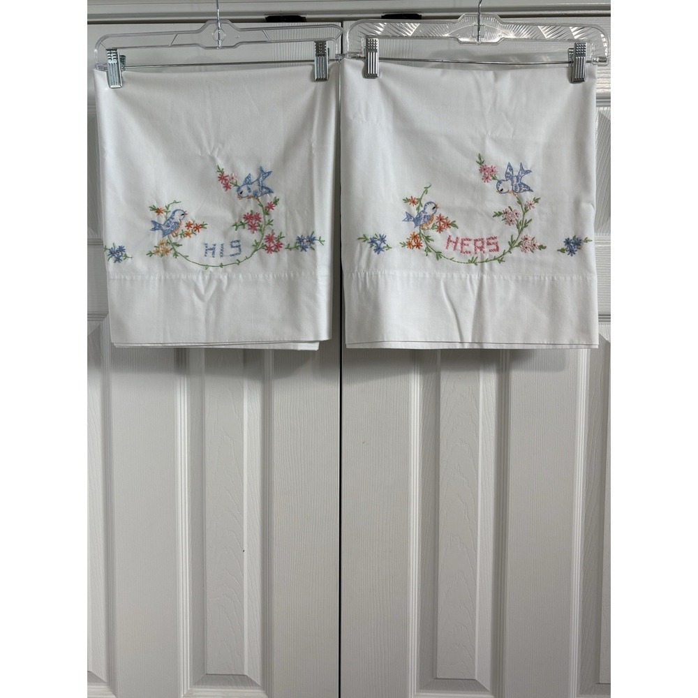 His Hers Pair of Vintage Hand Embroidered Standard Pillowcases Cottagecore